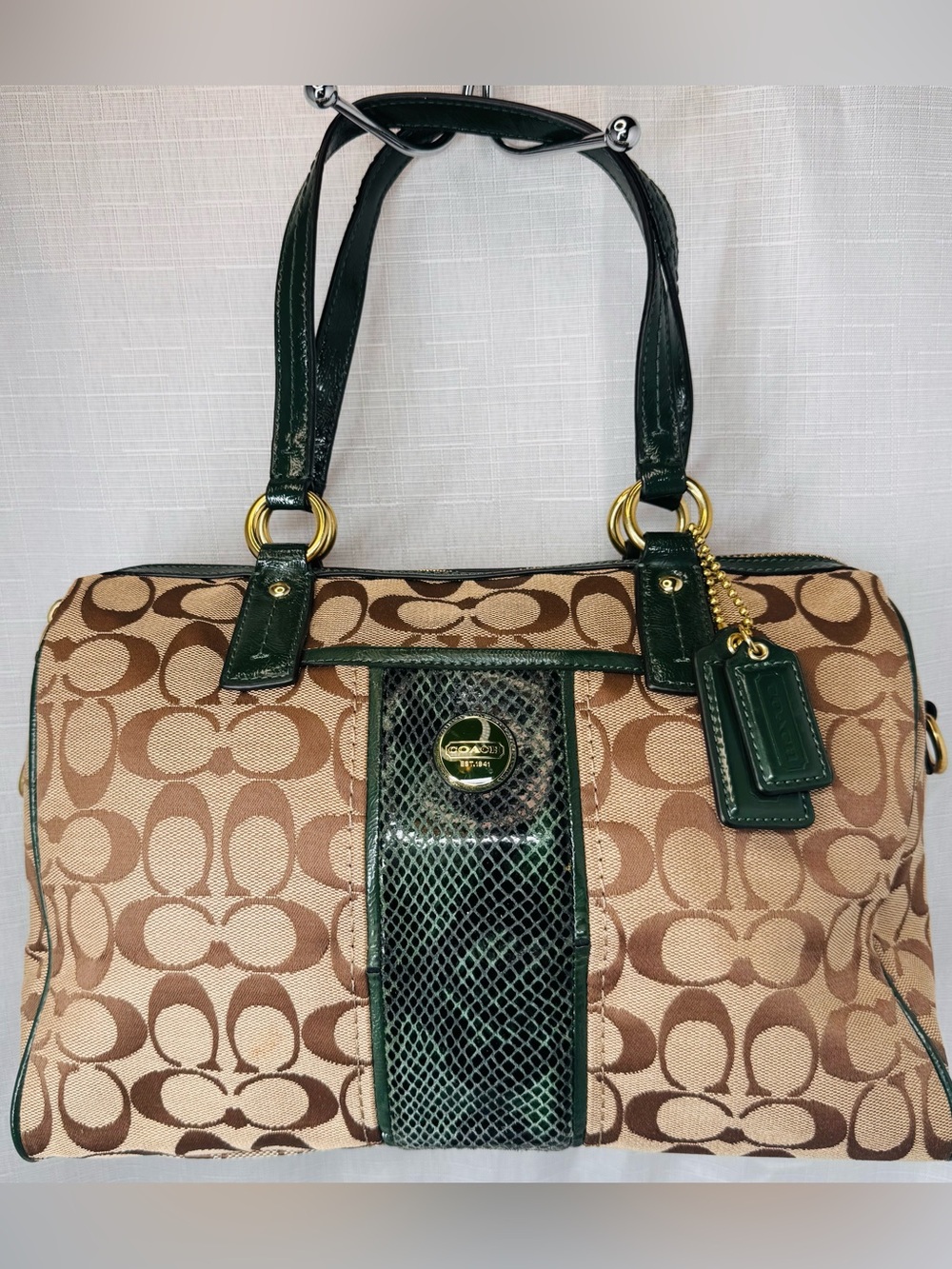 SOLD-Coach Signature Stripe Python Satchel in khaki and green F24884- GUC